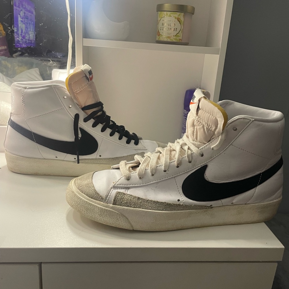 White High-Top Sneakers with Black Swoosh